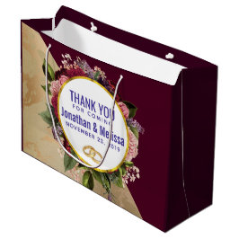 Sacola Para Presentes Grande Favor de Casamento Mármore Dourado e Florais Burgu