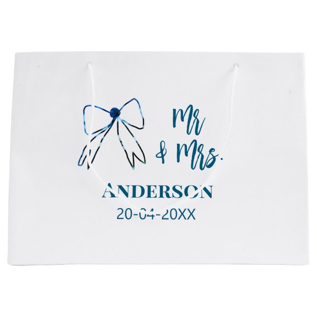 Sacola Para Presentes Grande Favor de casamento Mr & Mrs nome data laço azul ve (Frente)
