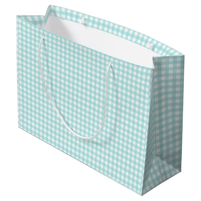 Sacola Para Presentes Grande Faye e Lauren Aqua Azul Gingham Papel (Verso inclinado)