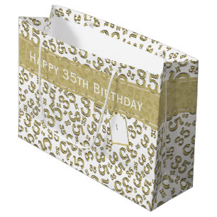 Sacola Para Presentes Grande Feliz 35º aniversário Padrão Dourado/Branco