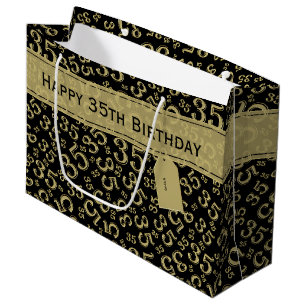 Sacola Para Presentes Grande Feliz 35º aniversário Padrão Preto/Dourado
