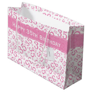 Sacola Para Presentes Grande Feliz 35º aniversário Padrão Rosa/Branco
