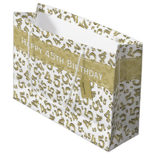 Sacola Para Presentes Grande Feliz 45º aniversário Padrão Dourado/Branco
