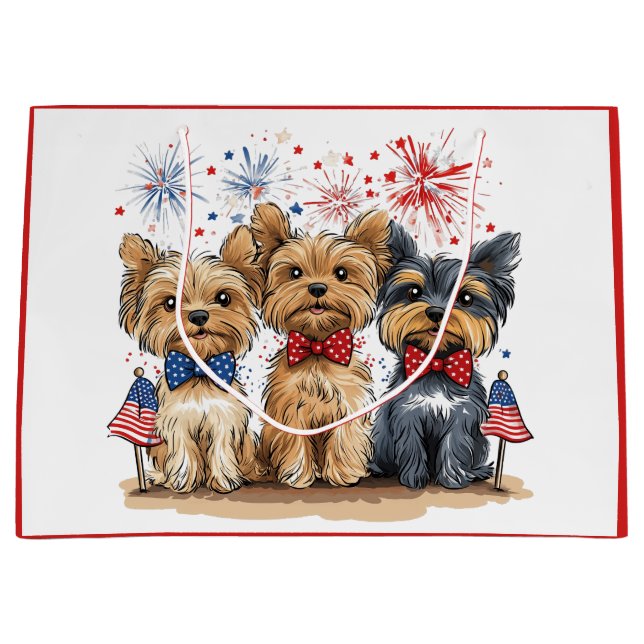 Sacola Para Presentes Grande Feliz 4 De Julho Yorkshire Terrier Dogs (Frente)