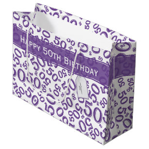 Sacola Para Presentes Grande Feliz 50º aniversário Padrão Roxo/Branco