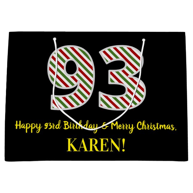 Sacola Para Presentes Grande Feliz 93º Aniversário e Feliz Natal, Nome Personal (Frente)