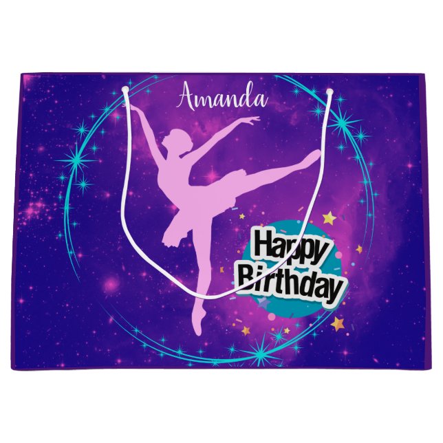 Sacola Para Presentes Grande Feliz Aniversário Ballerina Galaxy Personalizado (Frente)