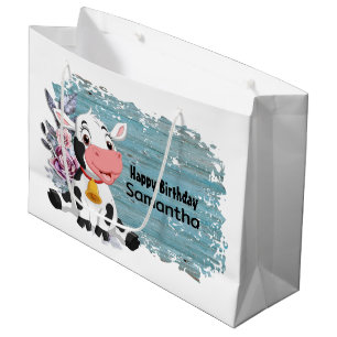 Sacola Para Presentes Grande Feliz Aniversário Bebê Vaca Russa Azul