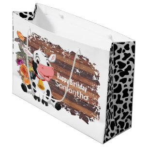 Sacola Para Presentes Grande Feliz Aniversário Bebê Vaca Russa Brown