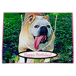 Sacola Para Presentes Grande Feliz Aniversário, belo e bonito cão, língua rosa
