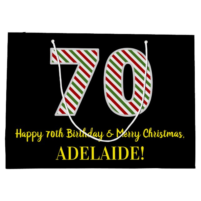 Sacola Para Presentes Grande Feliz aniversário de 70 e feliz Natal, nome person (Verso)