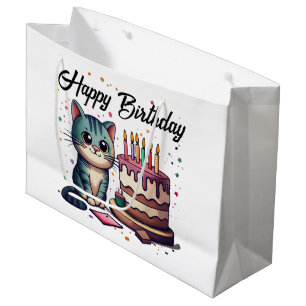 Sacola Para Presentes Grande Feliz Aniversário de Gato Gato