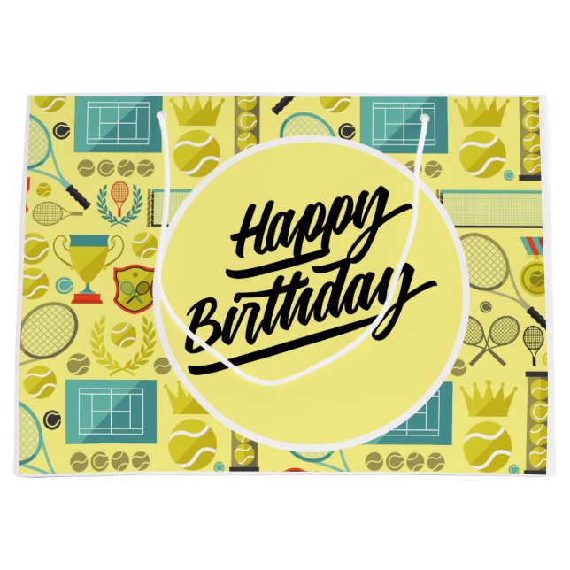 Sacola Para Presentes Grande Feliz aniversário de tênis com bola e amarelo raqu (Frente)