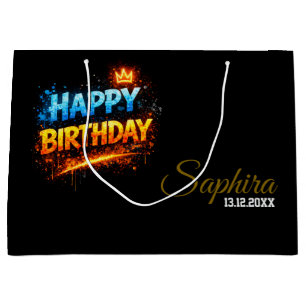 Sacola Para Presentes Grande Feliz Aniversário Design de Splash de Fogo e Gelo