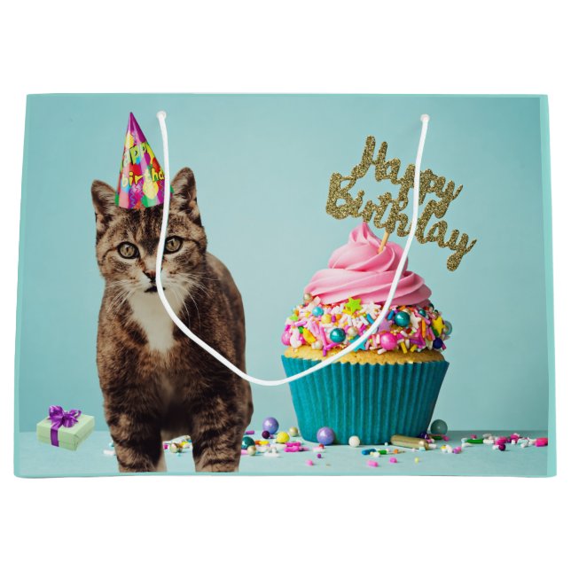 Sacola Para Presentes Grande Feliz Aniversário Engraçado Gato com Cupcake (Frente)