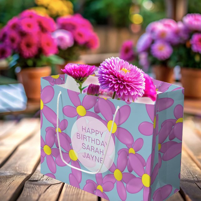 Sacola Para Presentes Grande Feliz Aniversário Floral Rosa Grande Saco do Prese (Happy Birthday Gift bag with space for your short message. Everyone loves flowers for their birthday)