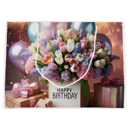 Sacola Para Presentes Grande Feliz aniversário, flores e presentes, de Natasha 