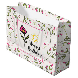 Sacola Para Presentes Grande Feliz Aniversário - Flores e Sol Bonito