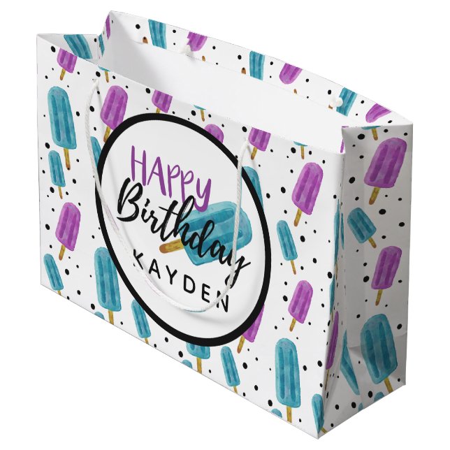 Sacola Para Presentes Grande Feliz Aniversário Nome da Criança: Pop de Verão de (Verso inclinado)