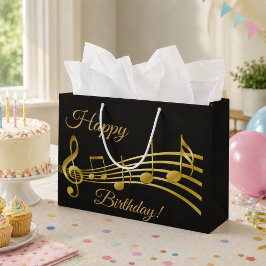 Sacola Para Presentes Grande Feliz Aniversário notas musicais ouro preto