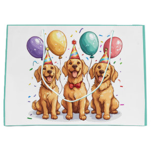 Sacola Para Presentes Grande Feliz Aniversário Ouro Cachorros de Retriever