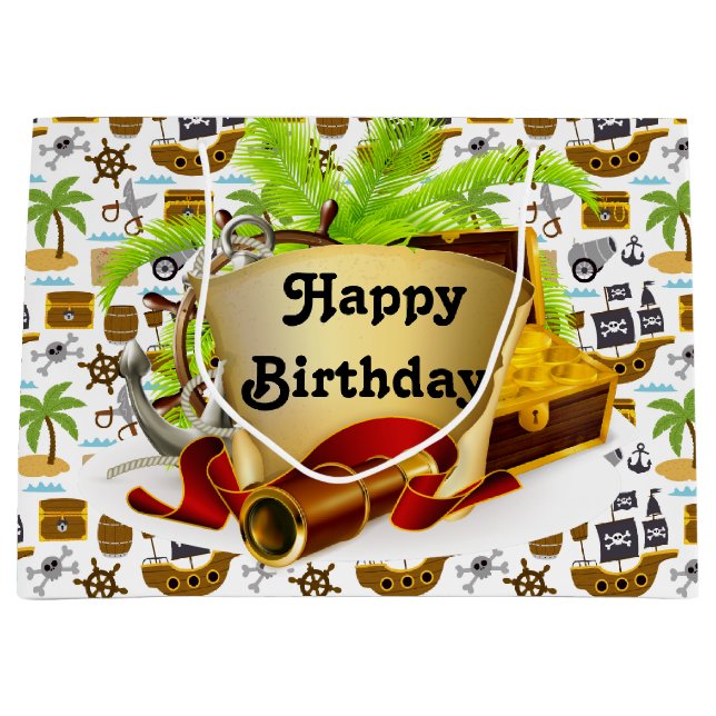 Sacola Para Presentes Grande Feliz Aniversário Pirata (Frente)