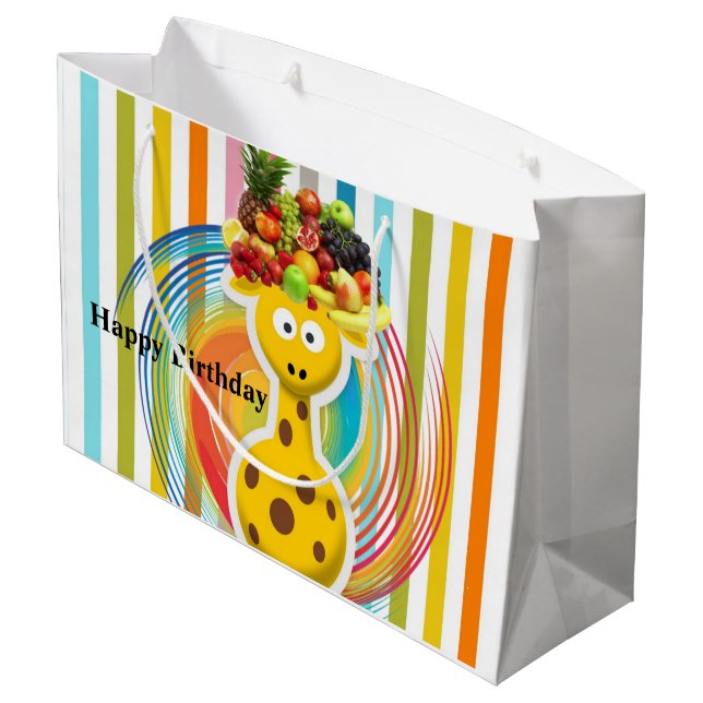 Sacola Para Presentes Grande Feliz Aniversário Presente Bag Girafa Fruta Stripe (Verso inclinado)