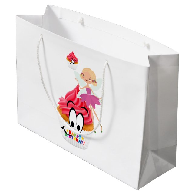 Sacola Para Presentes Grande Feliz Aniversário presente Cupcake de fada (Verso inclinado)