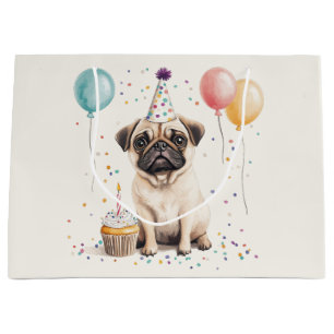 Sacola Para Presentes Grande Feliz Aniversário Pug Cachorro