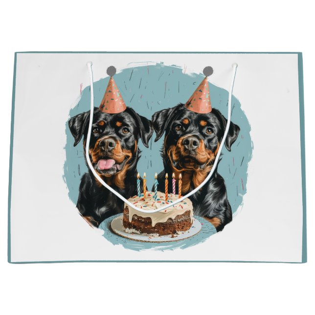 Sacola Para Presentes Grande Feliz Aniversário Rottweiler Cães (Frente)