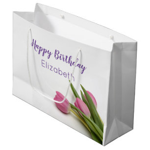 Sacola Para Presentes Grande Feliz Aniversário Script Rosa Tulipas Cor-de-Rosa 