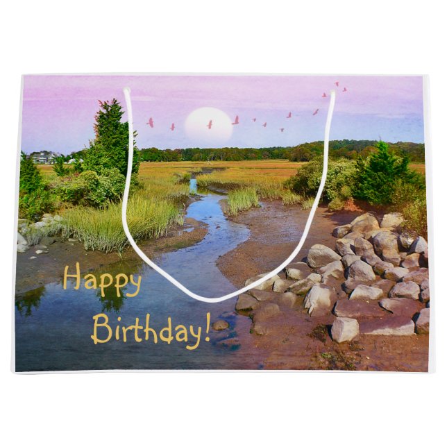 Sacola Para Presentes Grande Feliz aniversário Sunset Beach (Frente)