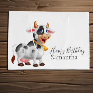 Sacola Para Presentes Grande Feliz aniversário, vaca branca e negra