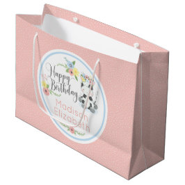 Sacola Para Presentes Grande Feliz Aniversário - Vaca Floral Personalizada