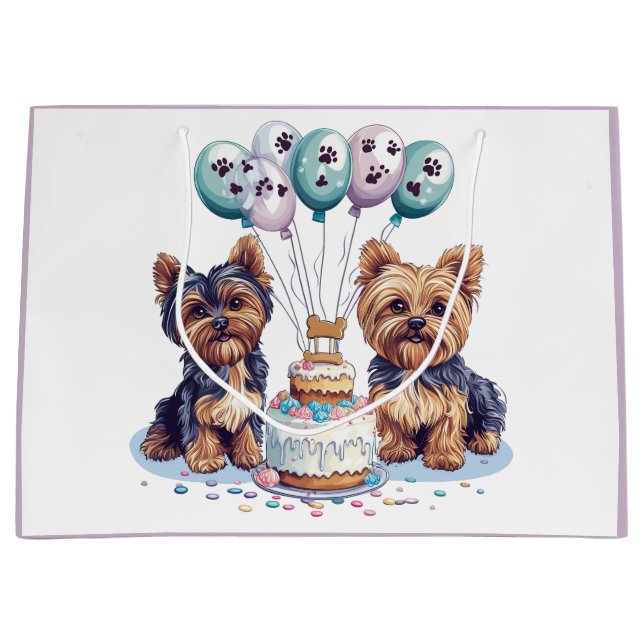 Sacola Para Presentes Grande Feliz aniversário Yorkie Dog (Frente)