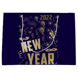 Sacola Para Presentes Grande feliz ano novo 2022, Glitter Dourado festivo
