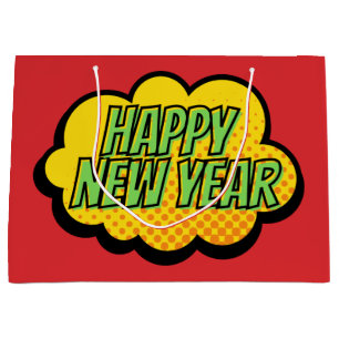 Sacola Para Presentes Grande Feliz ano novo de Estilo de Livro de Comédia Retr