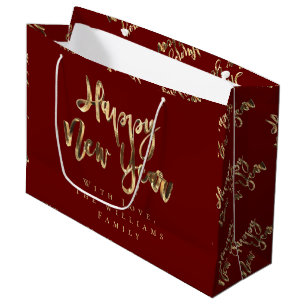 Sacola Para Presentes Grande Feliz ano novo de Script de Aparência Dourada Ele
