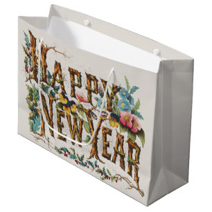 Sacola Para Presentes Grande Feliz Ano Novo em Troncos de Árvores, Bolotas e Fl