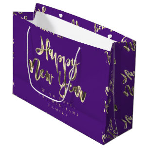 Sacola Para Presentes Grande Feliz ano novo Roxo Elegante de Script Dourado Ele