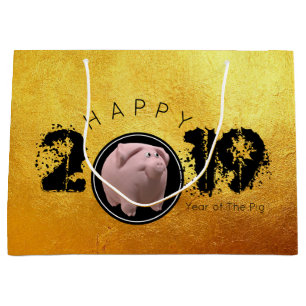 Sacola Para Presentes Grande Feliz Ano PIg 2019 Ouro 3D Original L Gift Bag 2