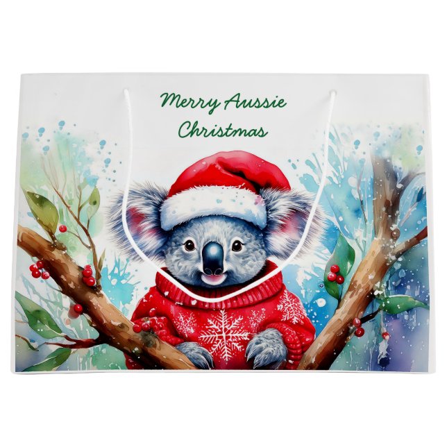 Sacola Para Presentes Grande Feliz Aussie Christmas Koala (Frente)
