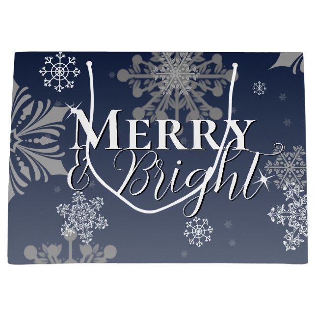 Sacola Para Presentes Grande Feliz azul e flocos de neve brilhantes Natal (Frente)