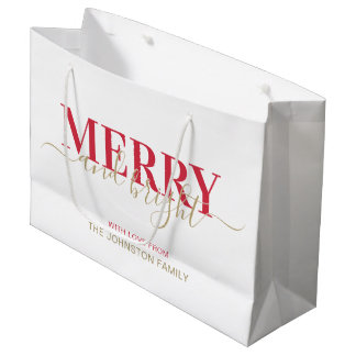 Sacola Para Presentes Grande  Feliz de tipografia vermelha e Natal brilhante