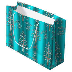 Sacola Para Presentes Grande Feliz e Bright Aqua e Silver Natal