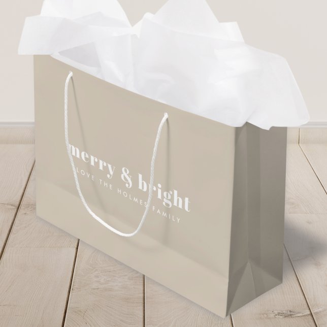 Sacola Para Presentes Grande Feliz e Brilho | Na moda Retro natalino (Modern minimalist Christmas bag with clean typography for stylish and festive gifting)