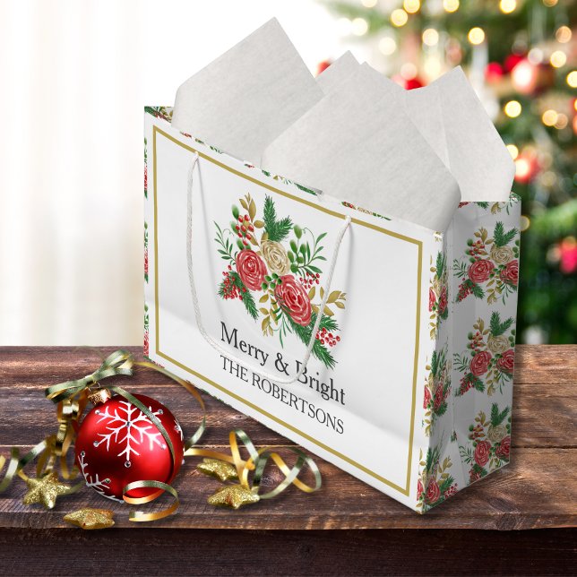 Sacola Para Presentes Grande Feliz e Rosas de aquarela brilhantes personalizado (Criador carregado)