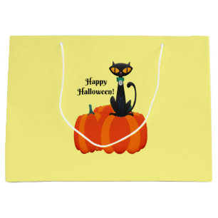 Sacola Para Presentes Grande Feliz Halloween, gato preto/abóbora,