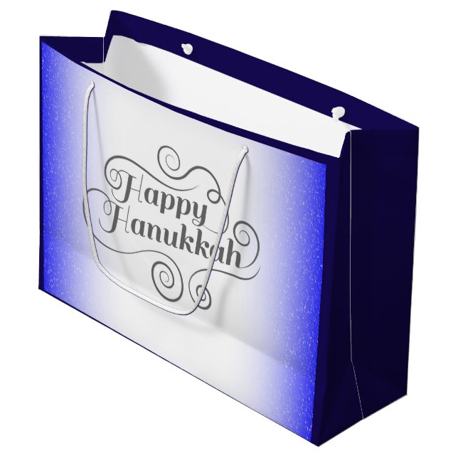 Sacola Para Presentes Grande Feliz Hanukkah com fundo azul branco de 2 tons (Frente inclinada)
