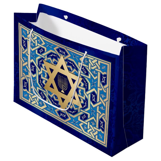 Sacola Para Presentes Grande Feliz Hanukkah / Feliz Chanukah (Frente inclinada)